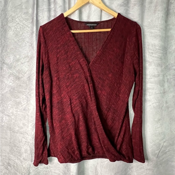 Rock & Republic Burgundy & Black Faux Wrap Long Sleeve Ribbed Top - MED - Picture 9 of 11